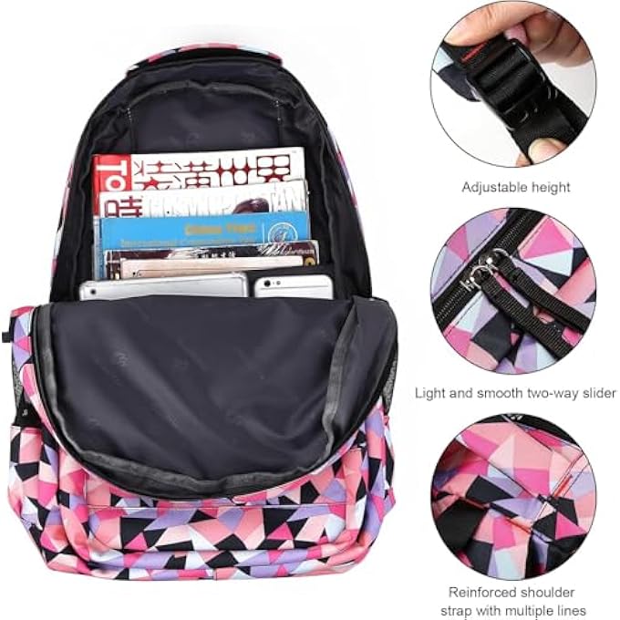 rayihni School Bag Bookbag 3pcs Backpack Sets Girl Geometric Printed Primary Junior High University MiddleSchool Elementary Bookbags School Bag with Lunch Bag Pencil Case - Image 4