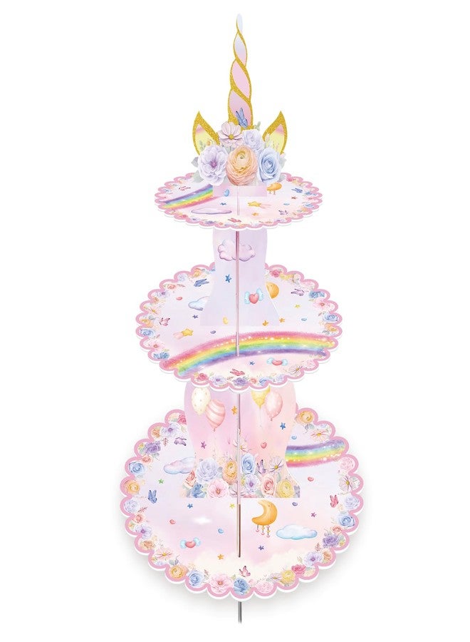 MOAXMOA Unicorn Cupcake Stand, 3-Tier Unicorn Rainbow Cupcake Holder Unicorn Birthday Decorations Cake Stand Cardboard Dessert Tower for Holiday, Birthday, Wedding Party - Image 1