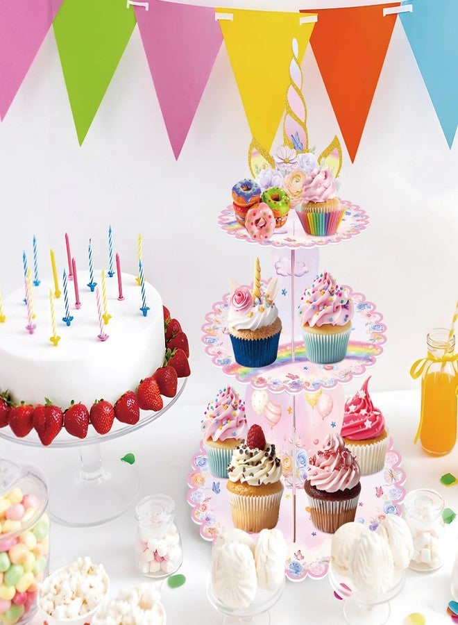 MOAXMOA Unicorn Cupcake Stand, 3-Tier Unicorn Rainbow Cupcake Holder Unicorn Birthday Decorations Cake Stand Cardboard Dessert Tower for Holiday, Birthday, Wedding Party - Image 5