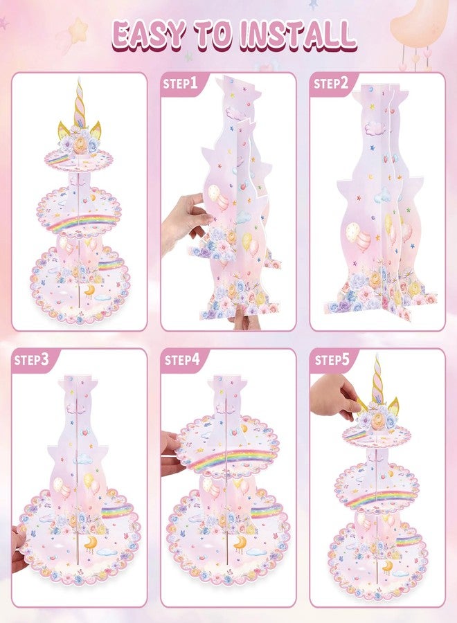 MOAXMOA Unicorn Cupcake Stand, 3-Tier Unicorn Rainbow Cupcake Holder Unicorn Birthday Decorations Cake Stand Cardboard Dessert Tower for Holiday, Birthday, Wedding Party - Image 3