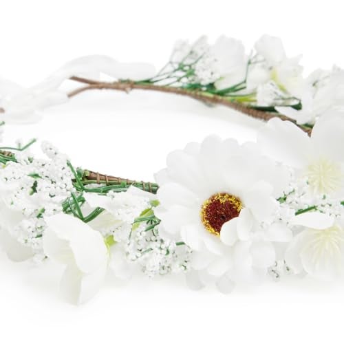 Radhu & Kabby White Floral Hair Tiara for Women | Elegant Faux Daisy Crown with Baby’s Breath & Ribbon Tie | Perfect for Bridal Looks, Photoshoots, Haldi, & All Occasions | 1 Pc - Image 5