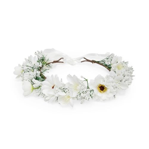 Radhu & Kabby White Floral Hair Tiara for Women | Elegant Faux Daisy Crown with Baby’s Breath & Ribbon Tie | Perfect for Bridal Looks, Photoshoots, Haldi, & All Occasions | 1 Pc - Image 1