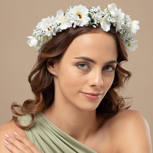 Radhu & Kabby White Floral Hair Tiara for Women | Elegant Faux Daisy Crown with Baby’s Breath & Ribbon Tie | Perfect for Bridal Looks, Photoshoots, Haldi, & All Occasions | 1 Pc - Image 3
