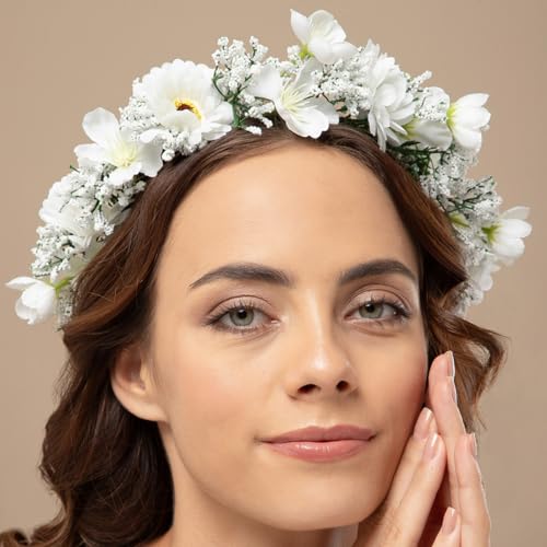 Radhu & Kabby White Floral Hair Tiara for Women | Elegant Faux Daisy Crown with Baby’s Breath & Ribbon Tie | Perfect for Bridal Looks, Photoshoots, Haldi, & All Occasions | 1 Pc - Image 4