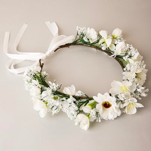 Radhu & Kabby White Floral Hair Tiara for Women | Elegant Faux Daisy Crown with Baby’s Breath & Ribbon Tie | Perfect for Bridal Looks, Photoshoots, Haldi, & All Occasions | 1 Pc - Image 2