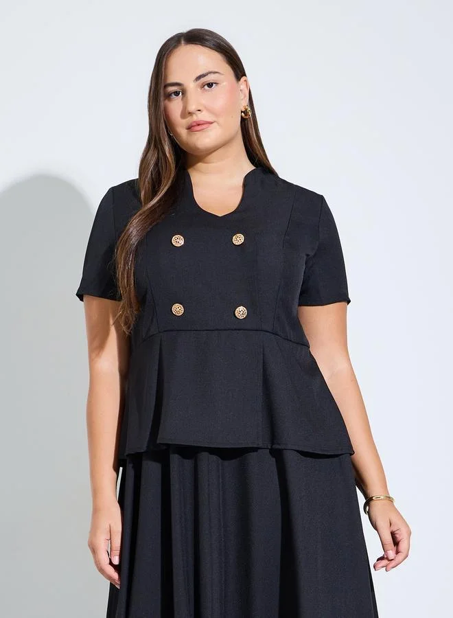 Styli Plus Size Black Double Breasted Detail A-Line Maxi Dress