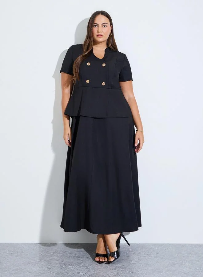 Styli Plus Size Black Double Breasted Detail A-Line Maxi Dress