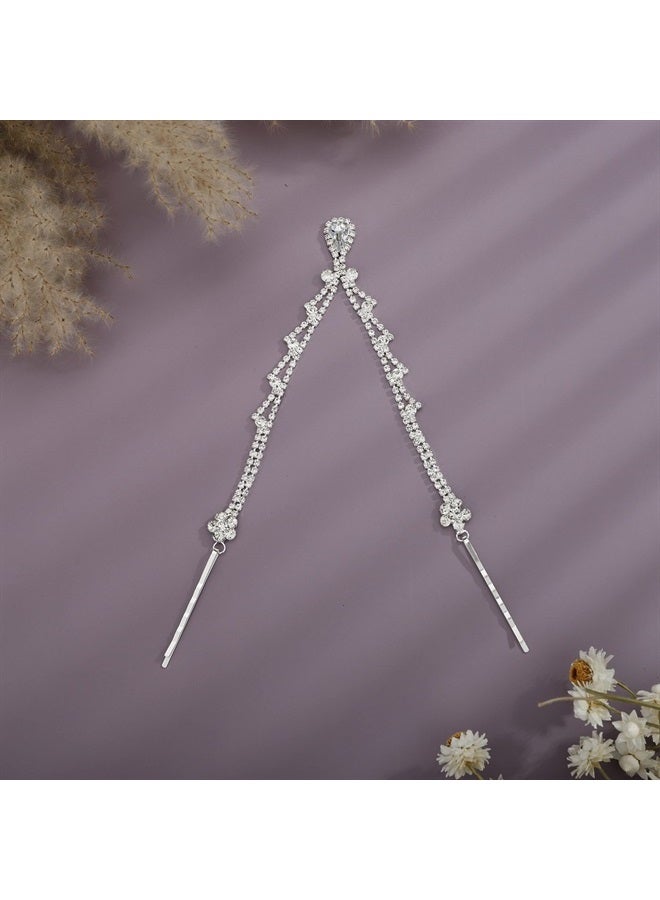 YERTTER Wedding Silver Teardrop Tassel Rhinestone Head Chain Jewelry Hair Chain Bridal Headpiece Crystal Wedding Flapper Headband Hair Accessories for Women (Silver 5) - Image 4