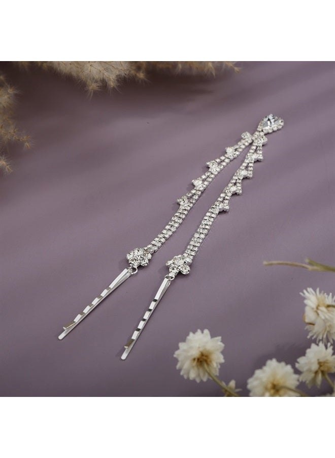 YERTTER Wedding Silver Teardrop Tassel Rhinestone Head Chain Jewelry Hair Chain Bridal Headpiece Crystal Wedding Flapper Headband Hair Accessories for Women (Silver 5) - Image 2