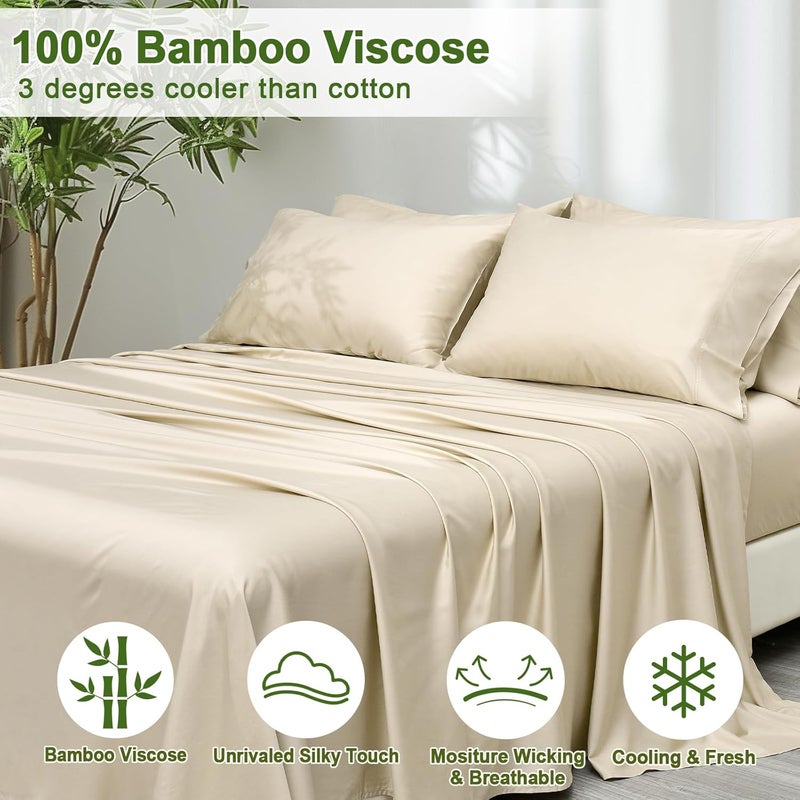 PHF 6 Piece 100% Rayon Derived from Bamboo King Size Sheet Set, Silky Soft Cooling Sheets for Hot Sleeper, Set Includes 1 Fitted Sheet (200cm x 200cm) with 40cm deep pocket, 1 Flat Sheet (275cm x 260cm) and 4 Pillowcases (50cm x 100cm), Natural Beige - Image 2