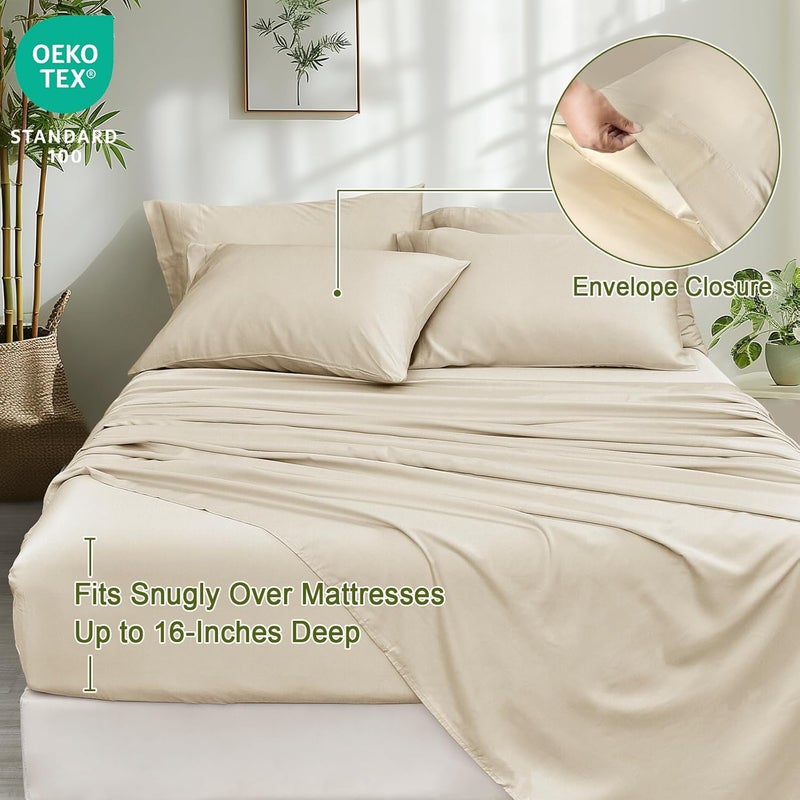 PHF 6 Piece 100% Rayon Derived from Bamboo King Size Sheet Set, Silky Soft Cooling Sheets for Hot Sleeper, Set Includes 1 Fitted Sheet (200cm x 200cm) with 40cm deep pocket, 1 Flat Sheet (275cm x 260cm) and 4 Pillowcases (50cm x 100cm), Natural Beige - Image 5