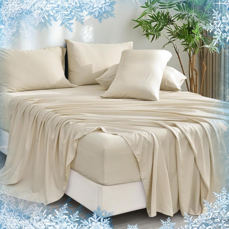 PHF 6 Piece 100% Rayon Derived from Bamboo King Size Sheet Set, Silky Soft Cooling Sheets for Hot Sleeper, Set Includes 1 Fitted Sheet (200cm x 200cm) with 40cm deep pocket, 1 Flat Sheet (275cm x 260cm) and 4 Pillowcases (50cm x 100cm), Natural Beige - Image 1