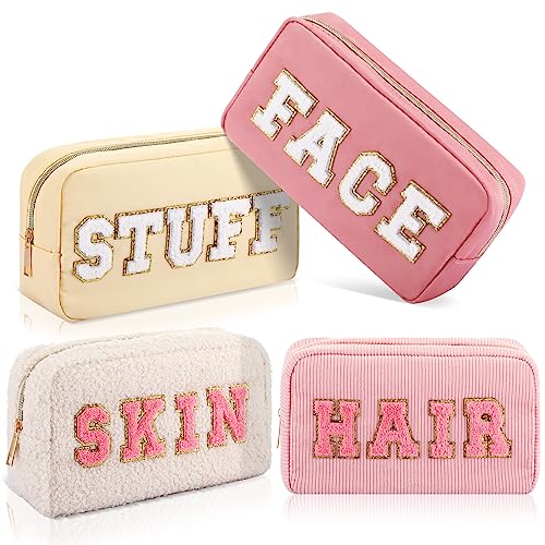 Kajaia 4 Pcs Preppy Makeup Bags Chenille Letter Bag Hair Face Skin Stuff Cosmetic Pouch Cases for Women Travel Toiletry Spend The Night(Beige, Powder, Milk White, Pink,Grace) - Image 1