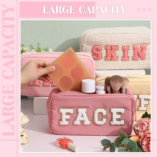 Kajaia 4 Pcs Preppy Makeup Bags Chenille Letter Bag Hair Face Skin Stuff Cosmetic Pouch Cases for Women Travel Toiletry Spend The Night(Beige, Powder, Milk White, Pink,Grace) - Image 5