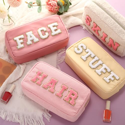 Kajaia 4 Pcs Preppy Makeup Bags Chenille Letter Bag Hair Face Skin Stuff Cosmetic Pouch Cases for Women Travel Toiletry Spend The Night(Beige, Powder, Milk White, Pink,Grace) - Image 2