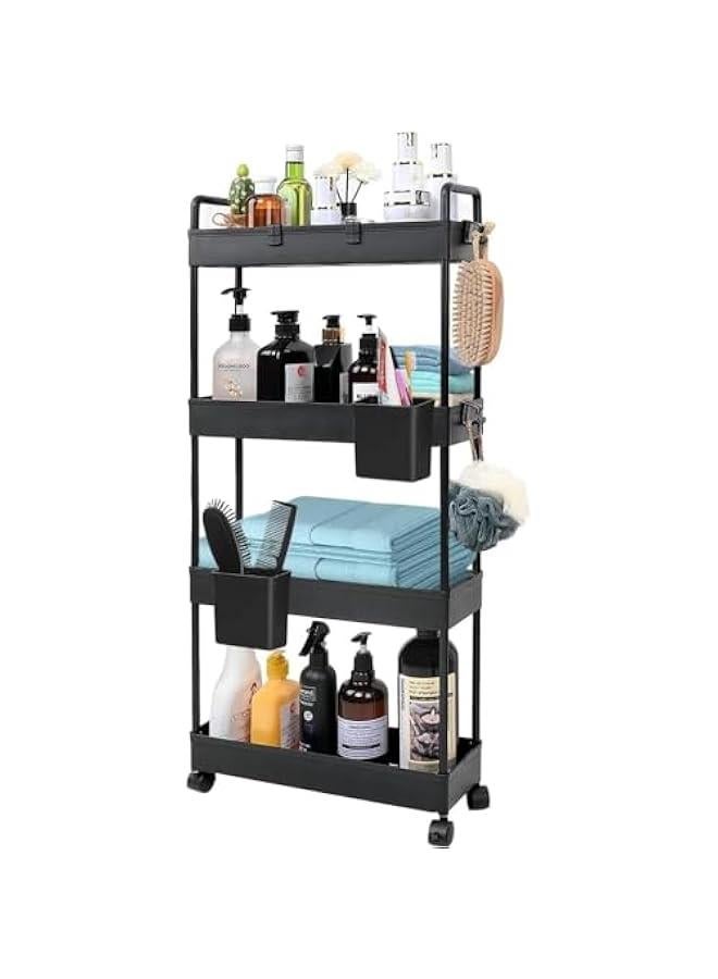 HOOKOR Rolling Storage Cart with Wheels,4 Tier Slim Rolling Storage Cart with 2 Hanging Cups, Mobile Shelving Unit，Bathroom Storage Organizer for Kitchen, Bedroom, Office,Laundry (Black Narrow （4.9‘’）) - Image 1