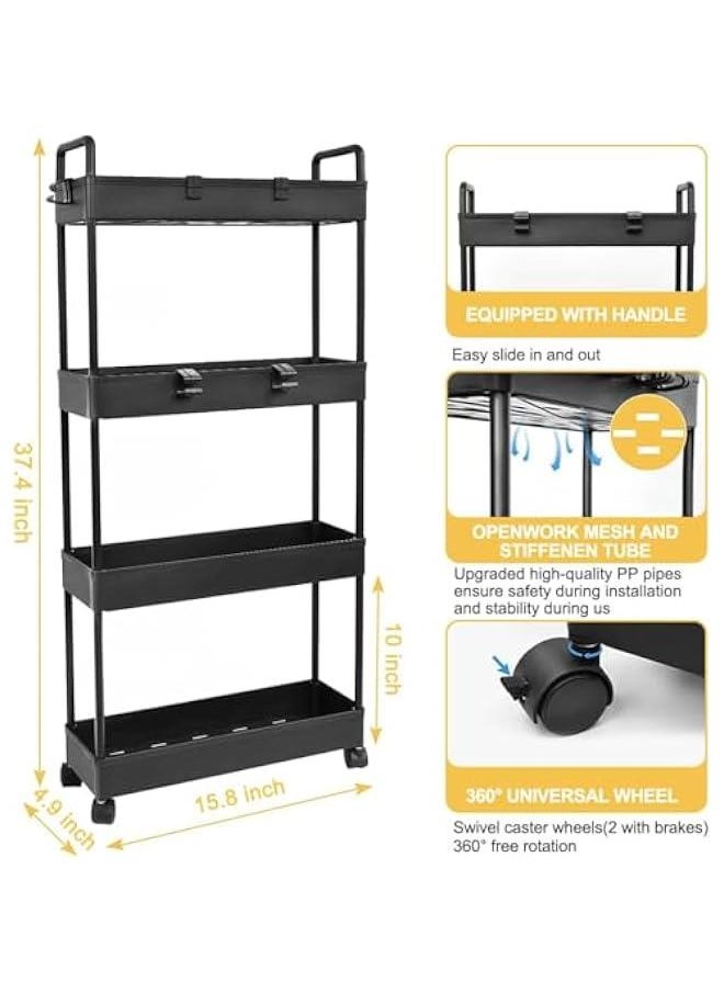 Rolling Storage Cart with Wheels,4 Tier Slim Rolling Storage Cart with 2 Hanging Cups, Mobile Shelving Unit，Bathroom Storage Organizer for Kitchen, Bedroom, Office,Laundry (Black Narrow （4.9‘’）) - pzsku/Z491AA05B909CD70B51ABZ/45/_/1726913985/42cee72d-1a69-49bb-b64e-989591c15b83