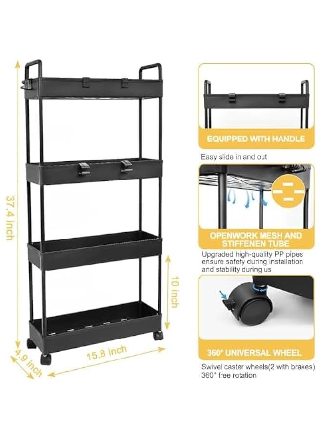 HOOKOR Rolling Storage Cart with Wheels,4 Tier Slim Rolling Storage Cart with 2 Hanging Cups, Mobile Shelving Unit，Bathroom Storage Organizer for Kitchen, Bedroom, Office,Laundry (Black Narrow （4.9‘’）) - Image 2