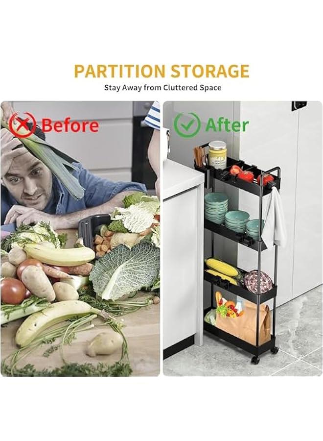 HOOKOR Rolling Storage Cart with Wheels,4 Tier Slim Rolling Storage Cart with 2 Hanging Cups, Mobile Shelving Unit，Bathroom Storage Organizer for Kitchen, Bedroom, Office,Laundry (Black Narrow （4.9‘’）) - Image 4