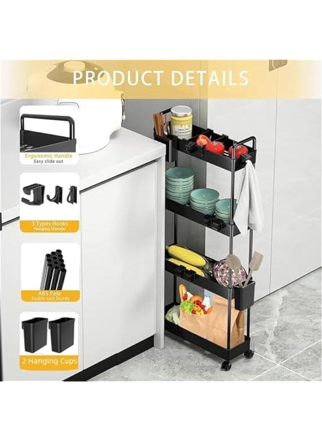 Rolling Storage Cart with Wheels,4 Tier Slim Rolling Storage Cart with 2 Hanging Cups, Mobile Shelving Unit，Bathroom Storage Organizer for Kitchen, Bedroom, Office,Laundry (Black Narrow （4.9‘’）) - pzsku/Z491AA05B909CD70B51ABZ/45/_/1726914084/7ec633cc-924a-495c-8765-08d529f47b04