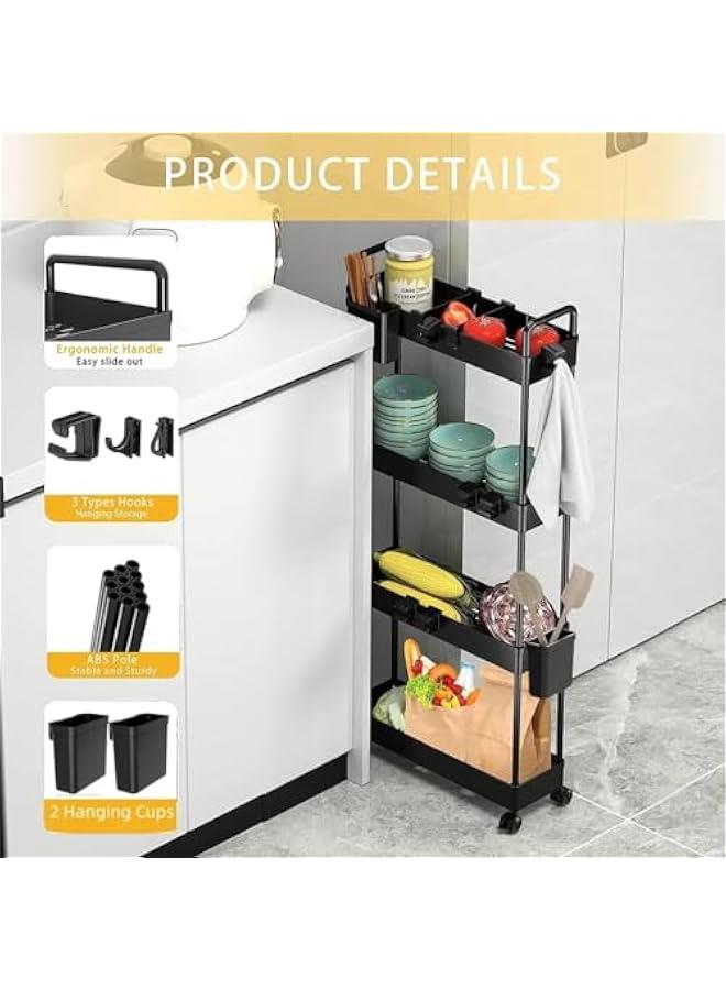 HOOKOR Rolling Storage Cart with Wheels,4 Tier Slim Rolling Storage Cart with 2 Hanging Cups, Mobile Shelving Unit，Bathroom Storage Organizer for Kitchen, Bedroom, Office,Laundry (Black Narrow （4.9‘’）) - Image 3