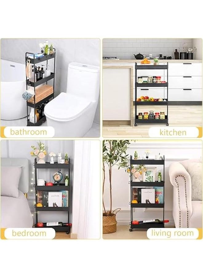 Rolling Storage Cart with Wheels,4 Tier Slim Rolling Storage Cart with 2 Hanging Cups, Mobile Shelving Unit，Bathroom Storage Organizer for Kitchen, Bedroom, Office,Laundry (Black Narrow （4.9‘’）) - pzsku/Z491AA05B909CD70B51ABZ/45/_/1726914087/665bcc27-46b3-4388-af38-1cd341983a0c