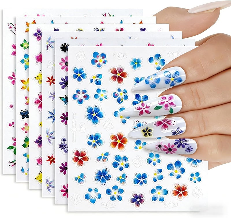 Sevgob 6Sheets Flower Nail Stickers 5D Embossed Colorful Floral Daisy Nail Decals Cute Hibiscus Petal Nail Designs Spring Nails Supplies 3D Self-Adhesive Summer Nails Stickers Decals for Women DIY Manicure - Image 1