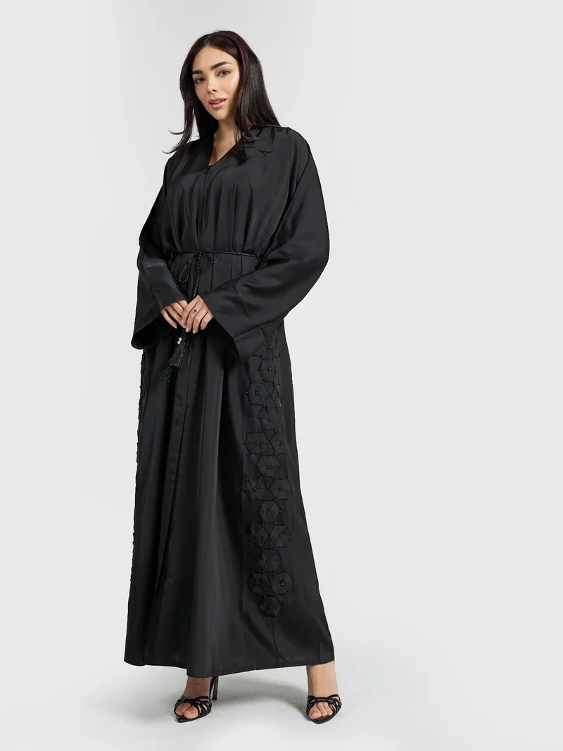 عباءات ريم Black Geometric Beaded Abaya with Braided Belt
