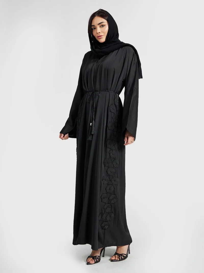 عباءات ريم Black Geometric Beaded Abaya with Braided Belt