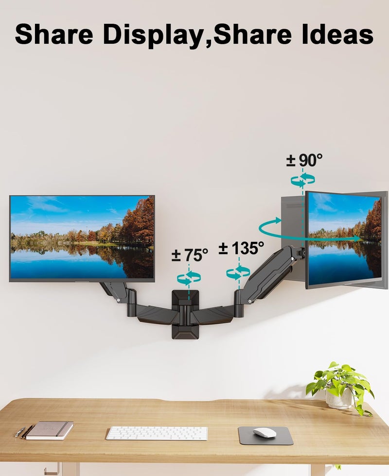 MOUNT PRO Dual Monitor Wall Mount for 2 Computer Screen up to 32 Inch, Gas Spring Double Monitor Arm Holds Up to 17.6lbs Each, Full Motion Adjustable Wall Monitor Mount, VESA Mount 75x75/100x100 - Image 5