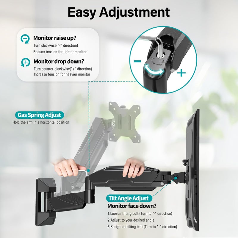 MOUNT PRO Dual Monitor Wall Mount for 2 Computer Screen up to 32 Inch, Gas Spring Double Monitor Arm Holds Up to 17.6lbs Each, Full Motion Adjustable Wall Monitor Mount, VESA Mount 75x75/100x100 - Image 2