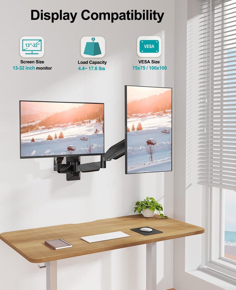 MOUNT PRO Dual Monitor Wall Mount for 2 Computer Screen up to 32 Inch, Gas Spring Double Monitor Arm Holds Up to 17.6lbs Each, Full Motion Adjustable Wall Monitor Mount, VESA Mount 75x75/100x100 - Image 4