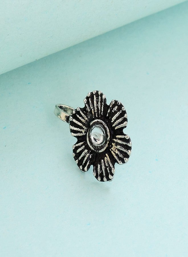 morir Oxidized Rhodium Plated Flower Clip On Ethnic Indian Traditional Non-Piercing Nose Pin Jewelry for Womens Girls - Image 4