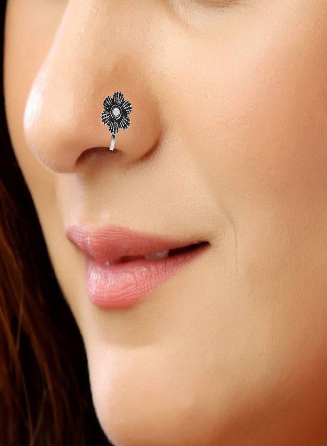 morir Oxidized Rhodium Plated Flower Clip On Ethnic Indian Traditional Non-Piercing Nose Pin Jewelry for Womens Girls - Image 5