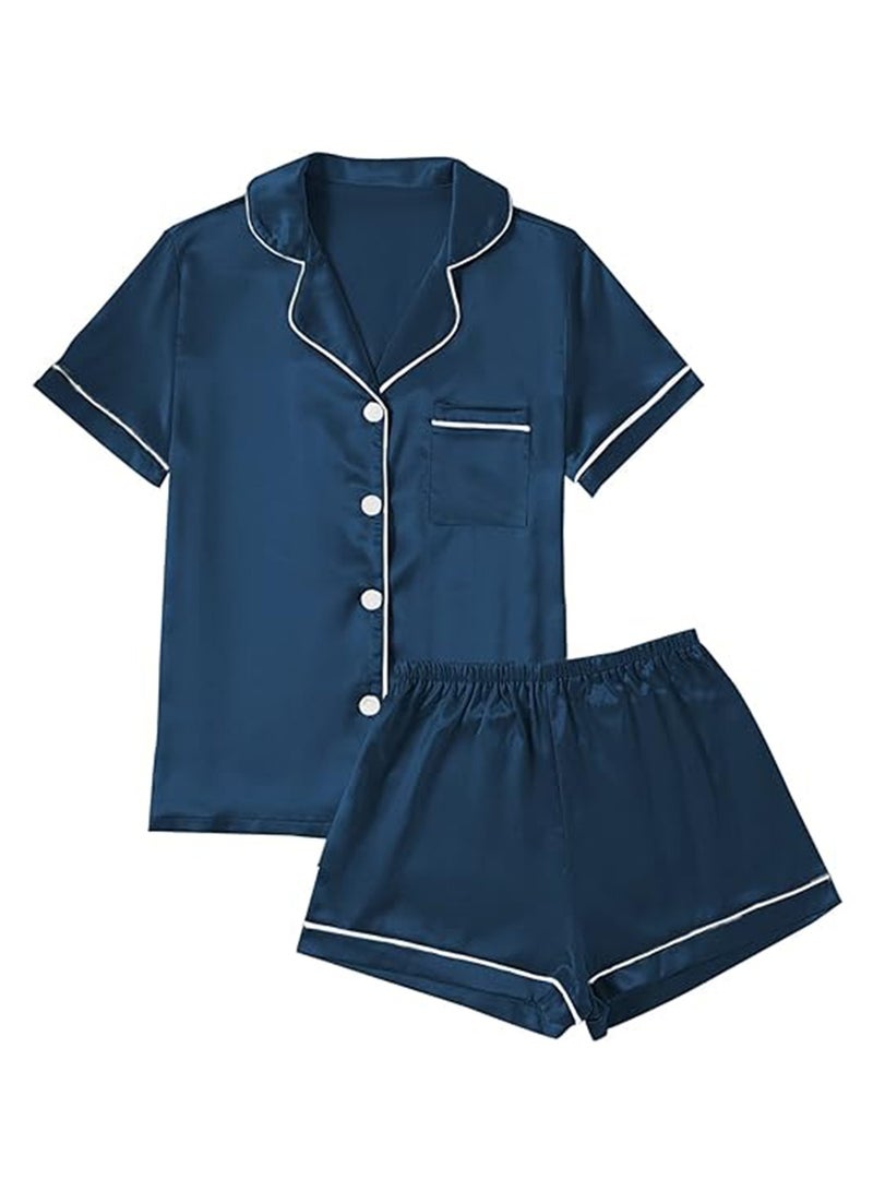 Caprisious Satin Silk Women's Pajama Set - 2-Piece Summer Sleepwear, Button-Down Top and Shorts, Available in Sizes  - Image 1