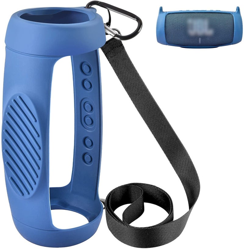 Comecase Silicone Case Cover for JBL Charge 5 Waterproof Portable Bluetooth Speaker, Travel Carrying Protective Gel Soft Skin, Waterproof Rubber Pouch with Shoulder Strap and Carabiner - Blue - Image 1