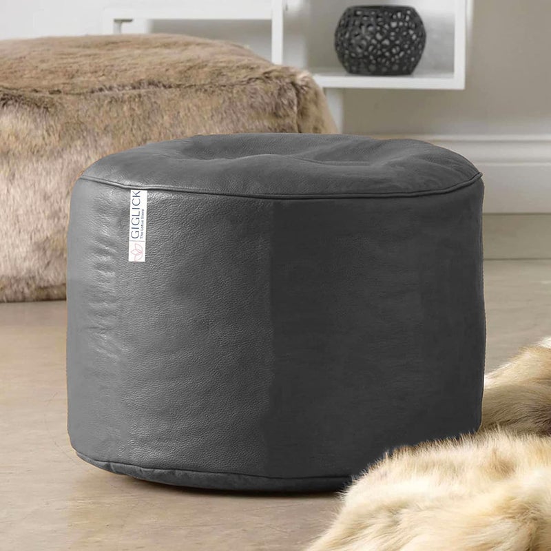 GIGLICK GIGLICK The Lotus Store Faux Leather Bean Bag with Beans Field Ready to Use Round Footstool Footrest Pouffe Grey Large 24cm x 44cm for Livingroom and Bedroom - Image 1