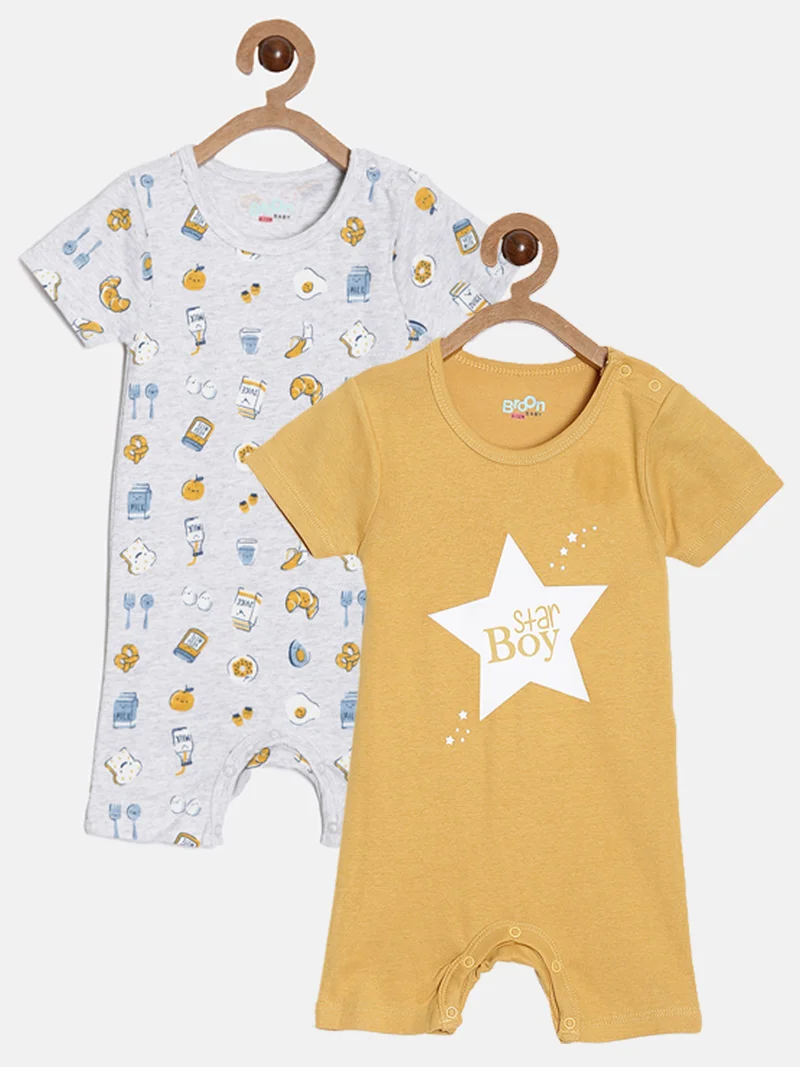 Broon Broon Infant Boys Grey and Mustard Printed Organic Cotton Rompers Pack of 2