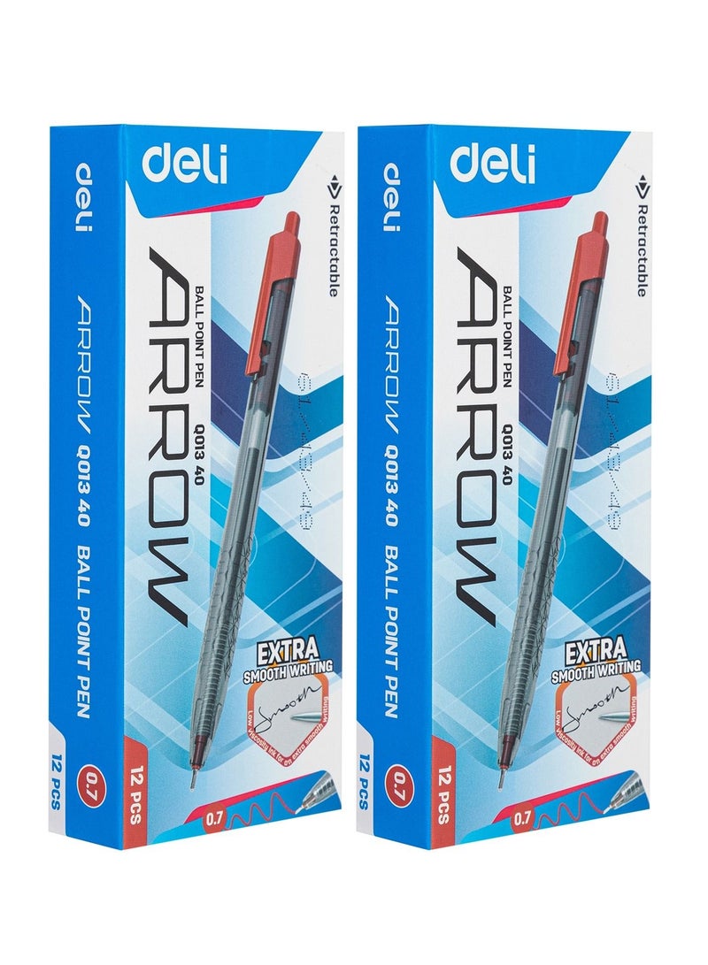 Deli 24-Piece Arrow Retractable Ballpoint Pen Set 0.7mm Tip Red Ink - Image 1