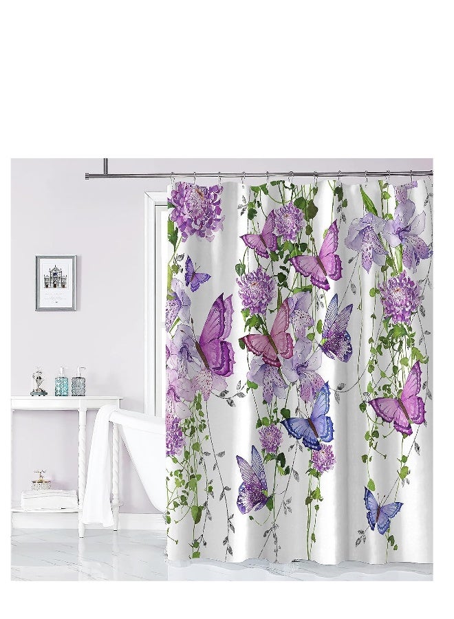 Purple Shower Curtain Butterfly Shower Curtains for Bathroom Summer Shower Curtain Lavender Lilac Pink Floral Shower Curtain with 12 Hooks Machine Washable Waterproof Fabric - Image 2
