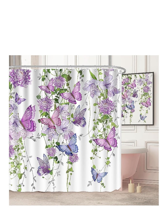 Purple Shower Curtain Butterfly Shower Curtains for Bathroom Summer Shower Curtain Lavender Lilac Pink Floral Shower Curtain with 12 Hooks Machine Washable Waterproof Fabric - Image 1