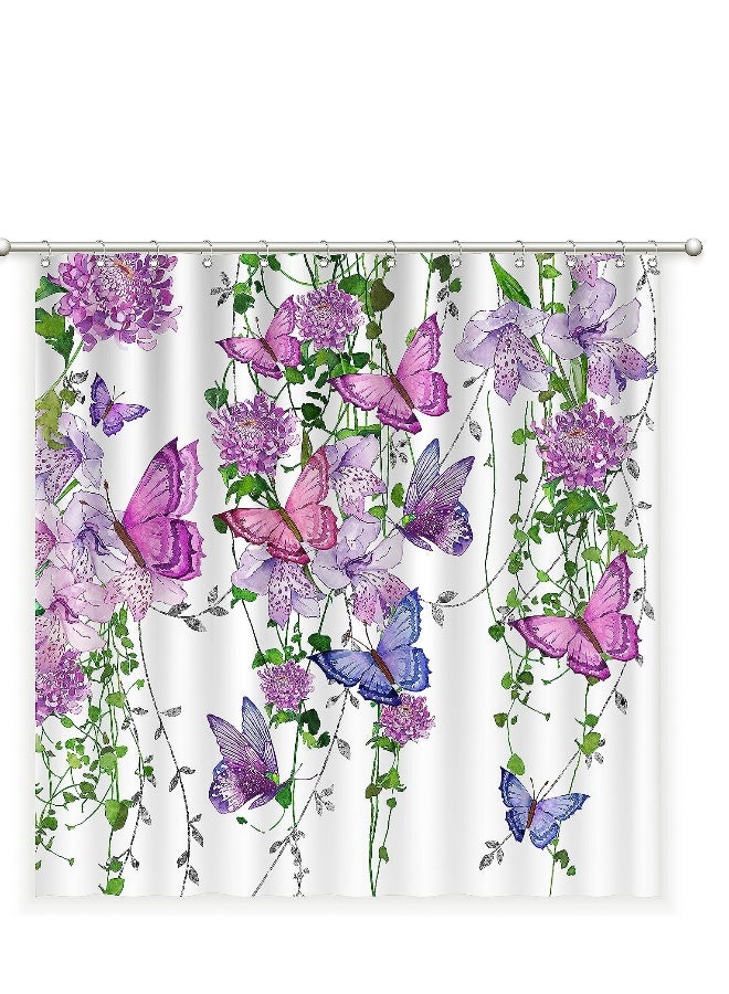 Purple Shower Curtain Butterfly Shower Curtains for Bathroom Summer Shower Curtain Lavender Lilac Pink Floral Shower Curtain with 12 Hooks Machine Washable Waterproof Fabric - Image 3
