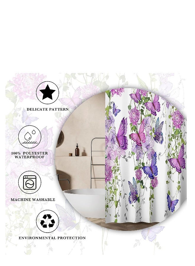 Purple Shower Curtain Butterfly Shower Curtains for Bathroom Summer Shower Curtain Lavender Lilac Pink Floral Shower Curtain with 12 Hooks Machine Washable Waterproof Fabric - Image 5