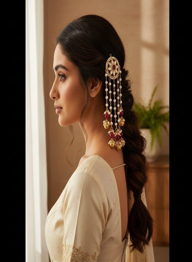 DHANABAPA Ethnic Bridal Hair Clip with Pearl Chain Danglers and Red Stone Gold Tone Design, Indian Wedding Juda Pin Hair Accessory for Women, Festive Party Hair Decorative Hair Clip - Image 4