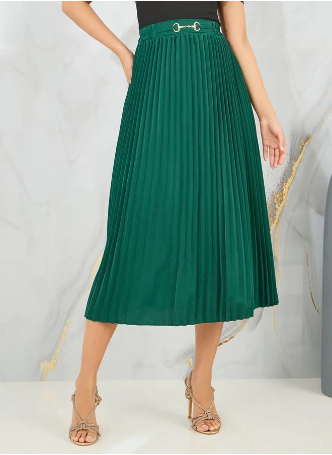 Styli Solid Fitted Top and Pleated Midi Skirt Set