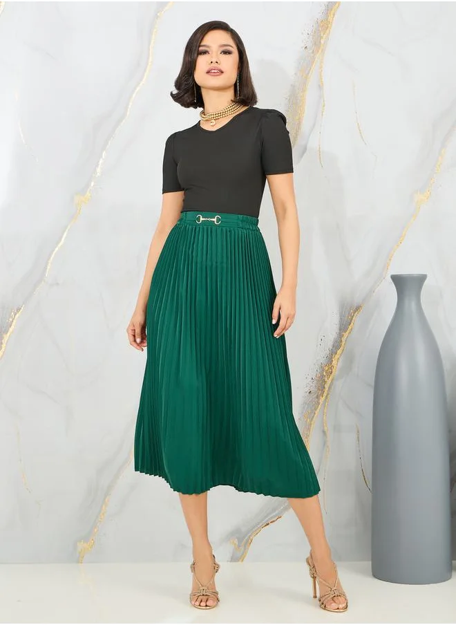 Styli Solid Fitted Top and Pleated Midi Skirt Set