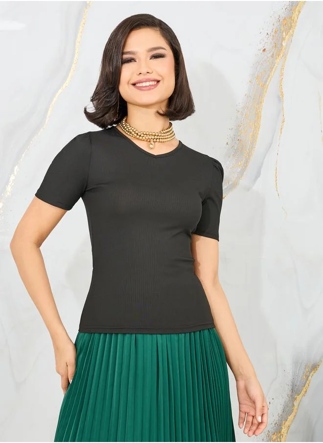 Styli Solid Fitted Top and Pleated Midi Skirt Set