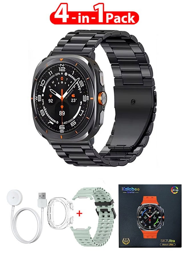 Kalobee حزمة ساعة SK7 الذكية الفائقة مع الملحقات بما في ذلك 1 حزام من الفولاذ المقاوم للصدأ الأسود 1 حزام سيليكون أخضر فاتح وكابل شحن وحافظة واقية من TPU - Image 1