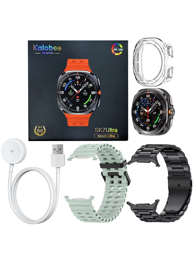 Kalobee حزمة ساعة SK7 الذكية الفائقة مع الملحقات بما في ذلك 1 حزام من الفولاذ المقاوم للصدأ الأسود 1 حزام سيليكون أخضر فاتح وكابل شحن وحافظة واقية من TPU - Image 4