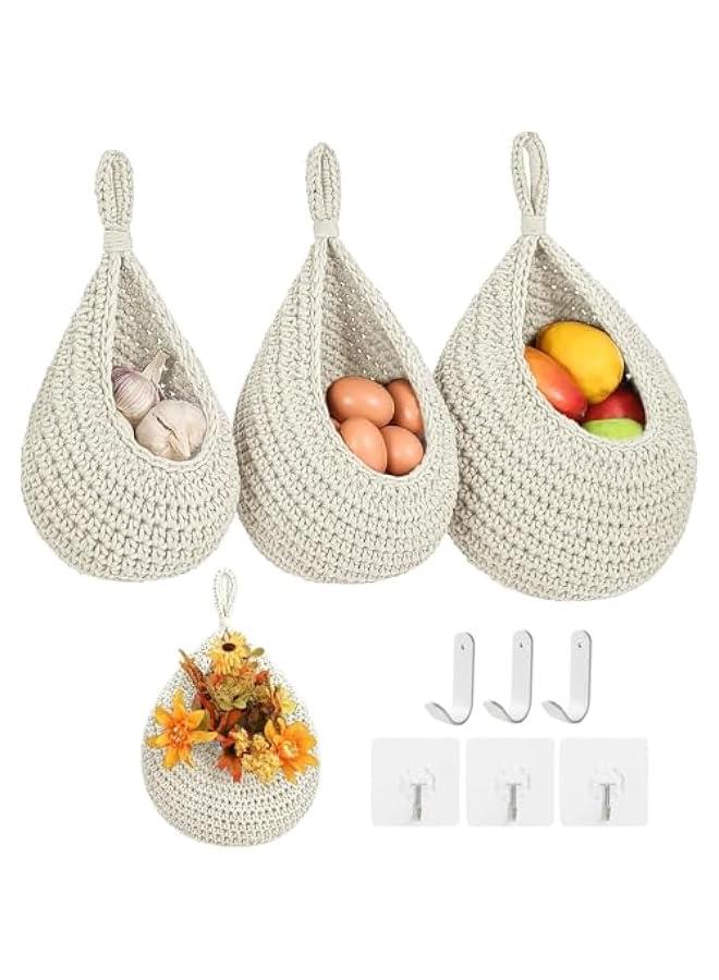 HOOKOR Hanging Fruit Baskets for Kitchen, 3 Pack Boho Wall Hanging Fruit Baskets for Kitchen with 6 Pcs Strong Hooks, Vegetable Hanging Basket for Organizing Teardrop Home Wall Potato Onion (White) - Image 1